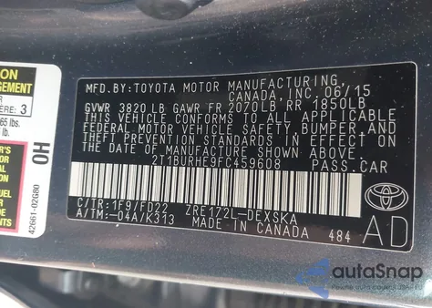 2015 Toyota Corolla S Plus from USA, damaged, VIN 2T1BURHE9FC459608